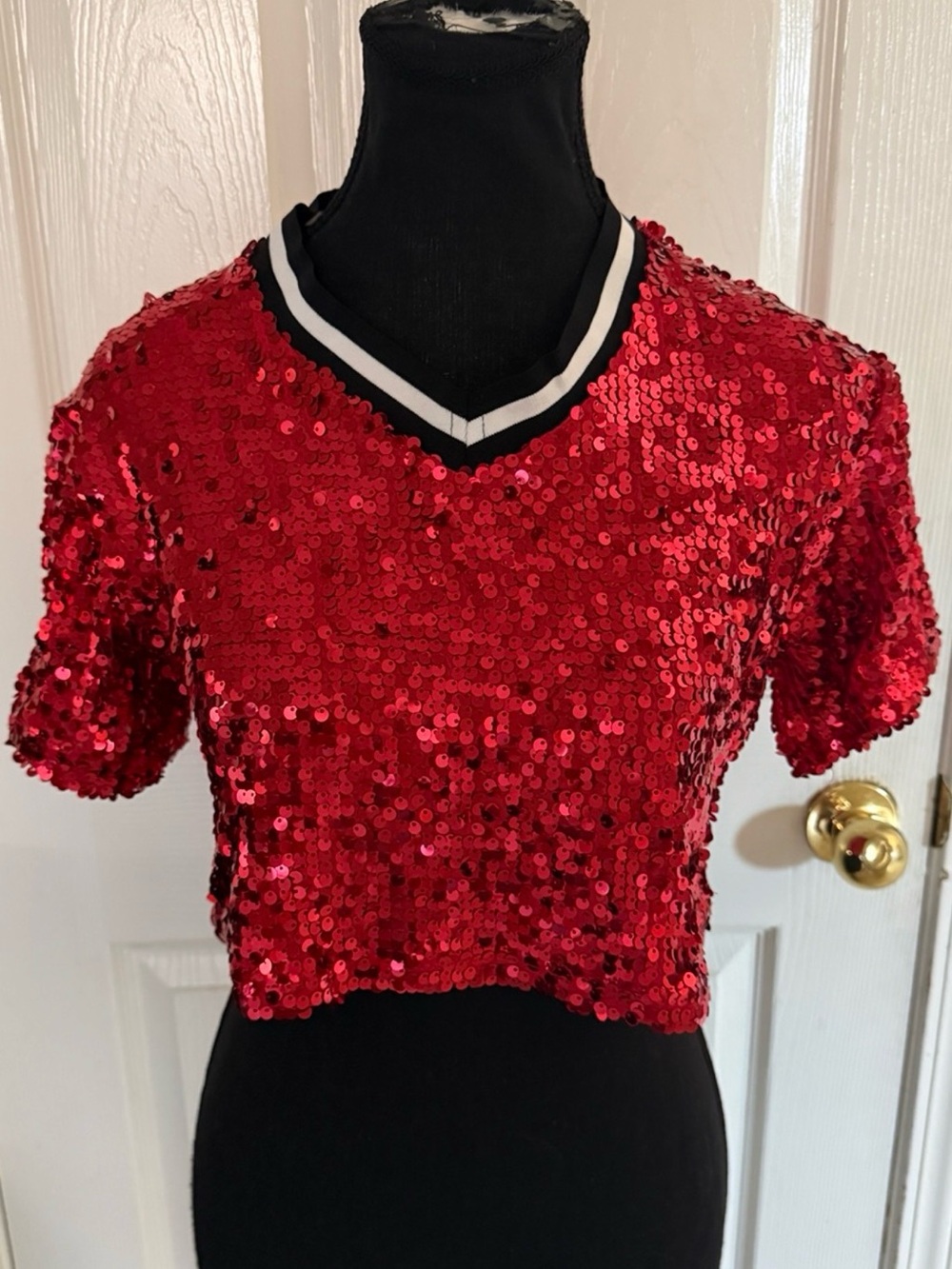 Weissman Red Sequin Dance Performance Crop Top Adult Large